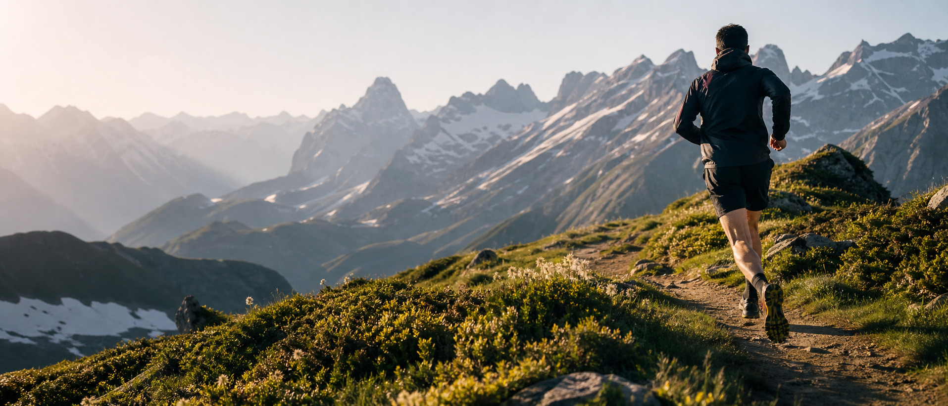 Trail runner en montagne, ambiance Alpes
