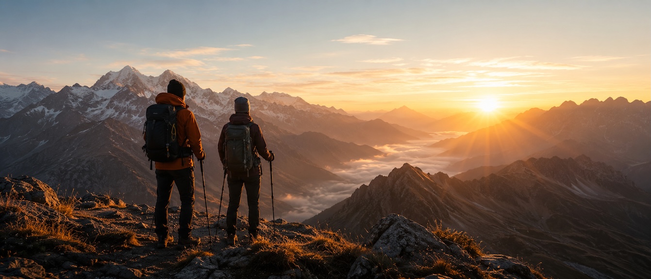 Randonneurs en montagne, ambiance Alpes